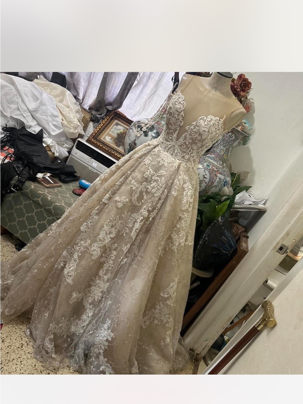 Mills Nova one of a kind   Only. Neck Lace Appliqué Ball Gown Dress in Champagne